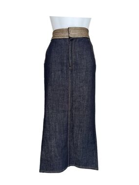 Nuit A La Mode Skirt- Denim w/Back Slit and Gold Belt Embroidery